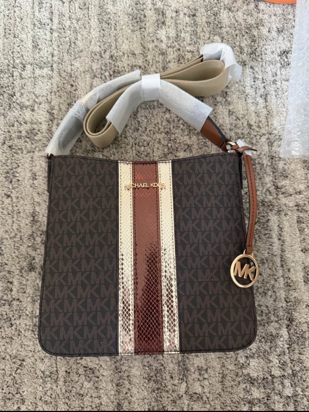 Michael Kors Brown Logo Crossbody with Cream and Burgundy Stripes